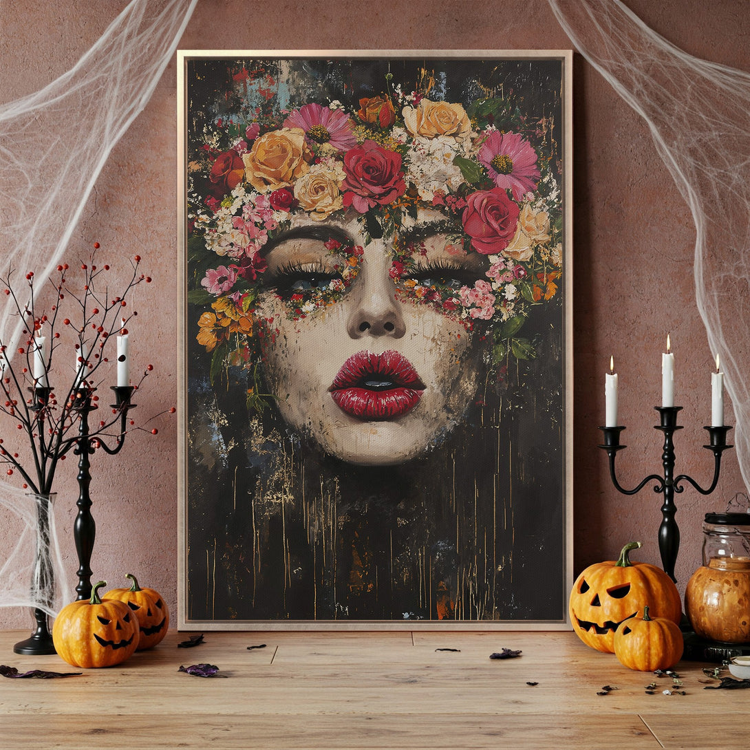 Framed Wall Art: Woman's face with floral crown. Moody, artistic style with a dark, rich color palette. Perfect for Halloween decor.