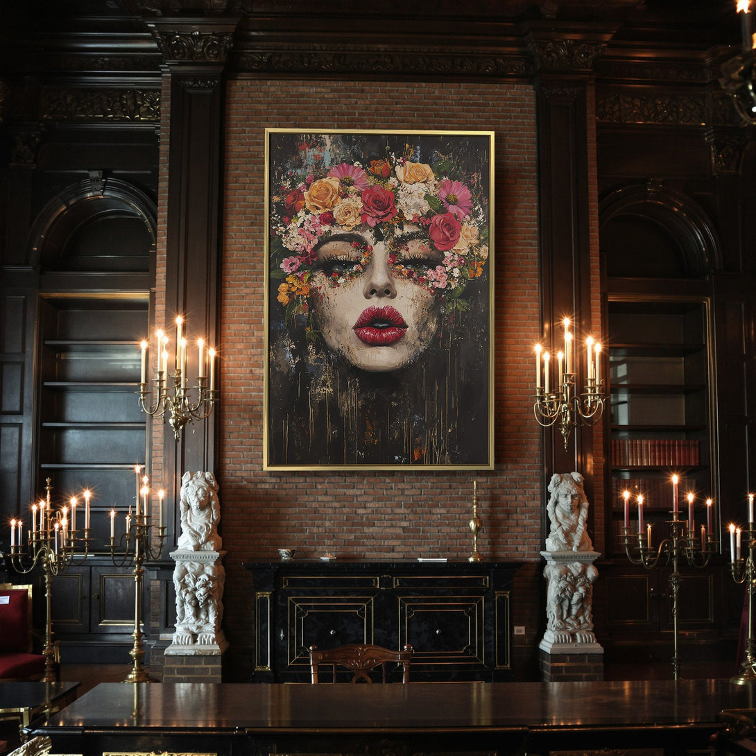 Canvas Print of a woman with floral eyes, dark moody style, vibrant red, pink, and orange flowers, set in a Halloween-themed interior.