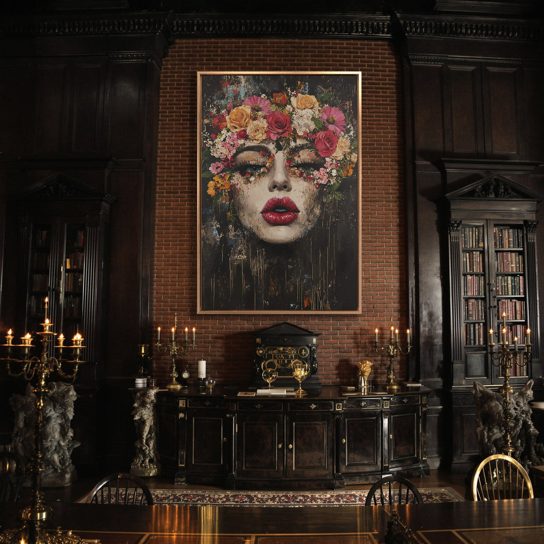 Framed Wall Art: Stunning floral face portrait in a dark, moody interior. Features a vibrant color palette of reds, pinks, and golds. Elevate your space!