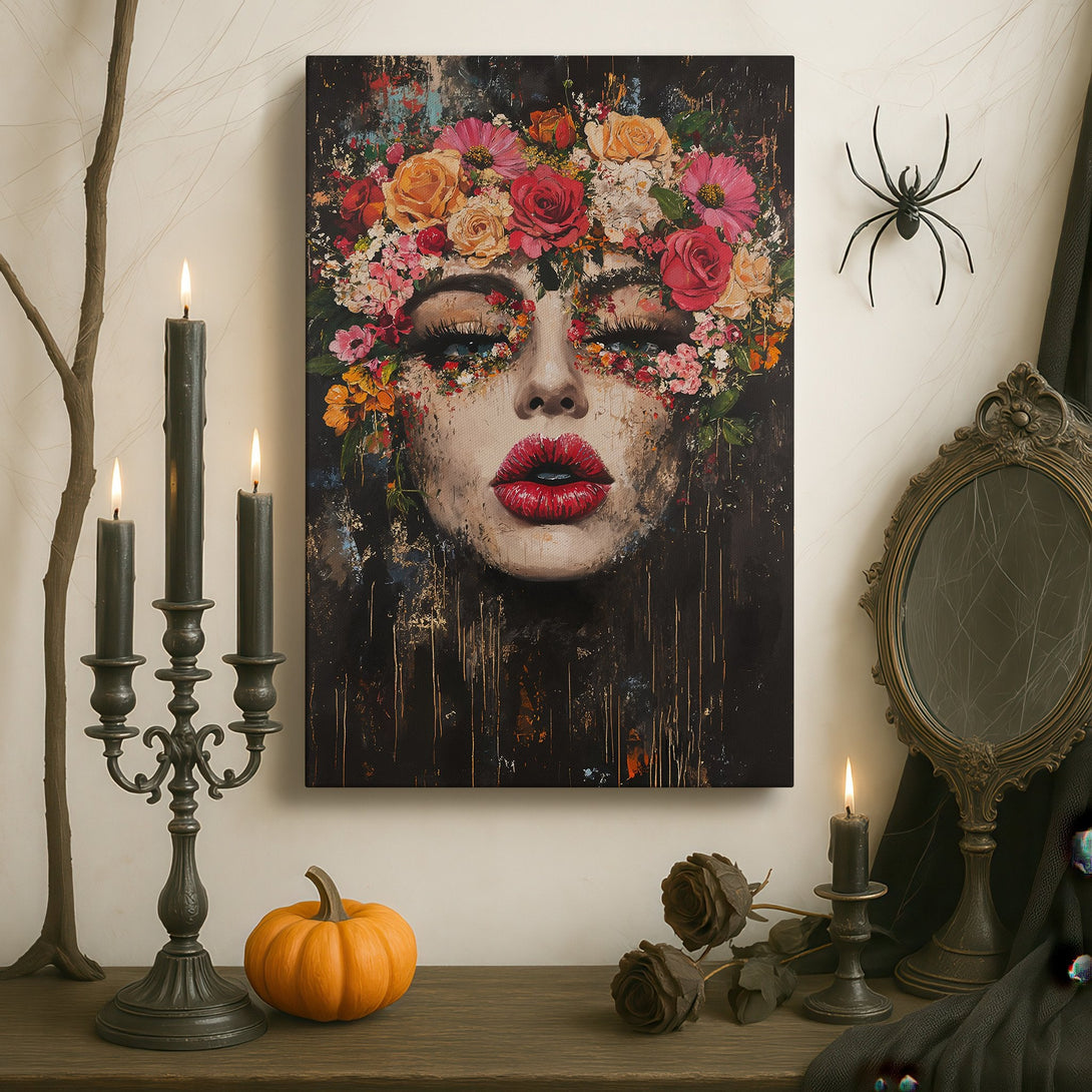 Framed Wall Art: Floral face portrait with vibrant red, pink, and gold hues. Modern art canvas print adds elegance to any interior space.