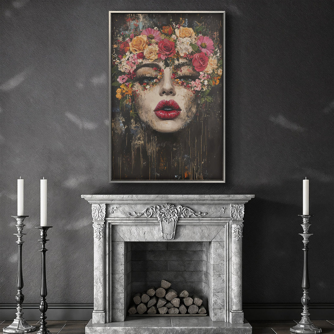 Framed Wall Art featuring a woman with floral crown, rich red lips, and a dark, moody color palette. Perfect for adding elegance to any space.