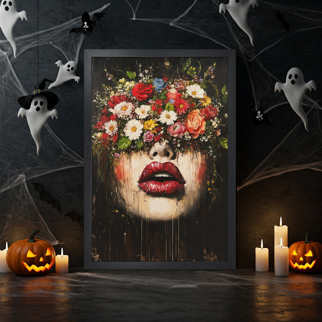 Framed Poster featuring a woman with floral headpiece, bold red lips, and a dark, moody color palette. Perfect Halloween decor!
