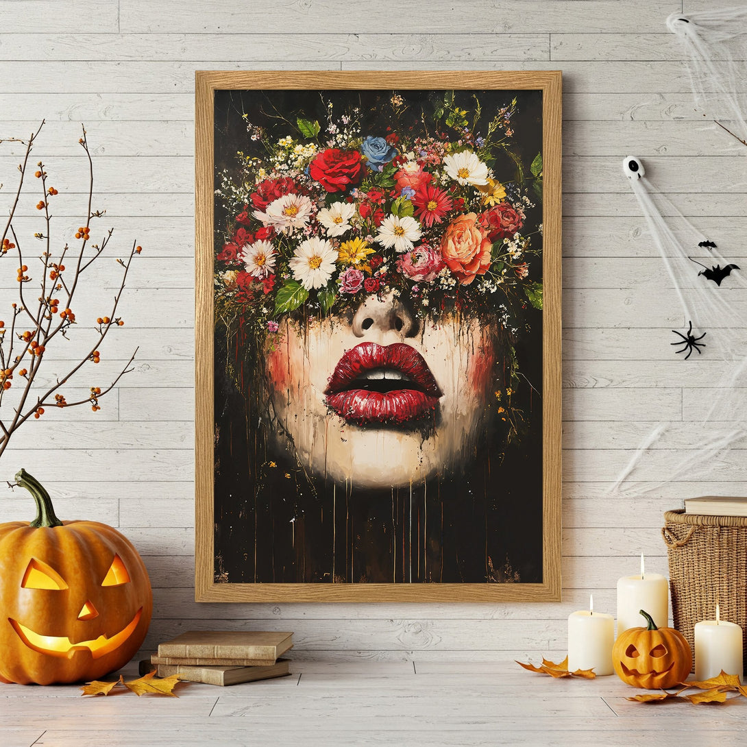 Framed Poster featuring a woman's face with floral crown, vibrant red lips. Artistic style, dark background, warm color palette. Perfect wall art!