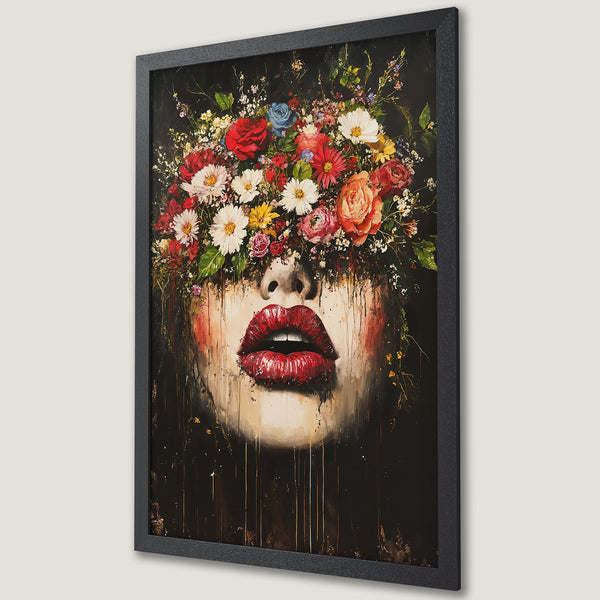 Framed Poster of a woman's face with vibrant floral crown, rich red lips, and dark, moody palette. Stunning art print!