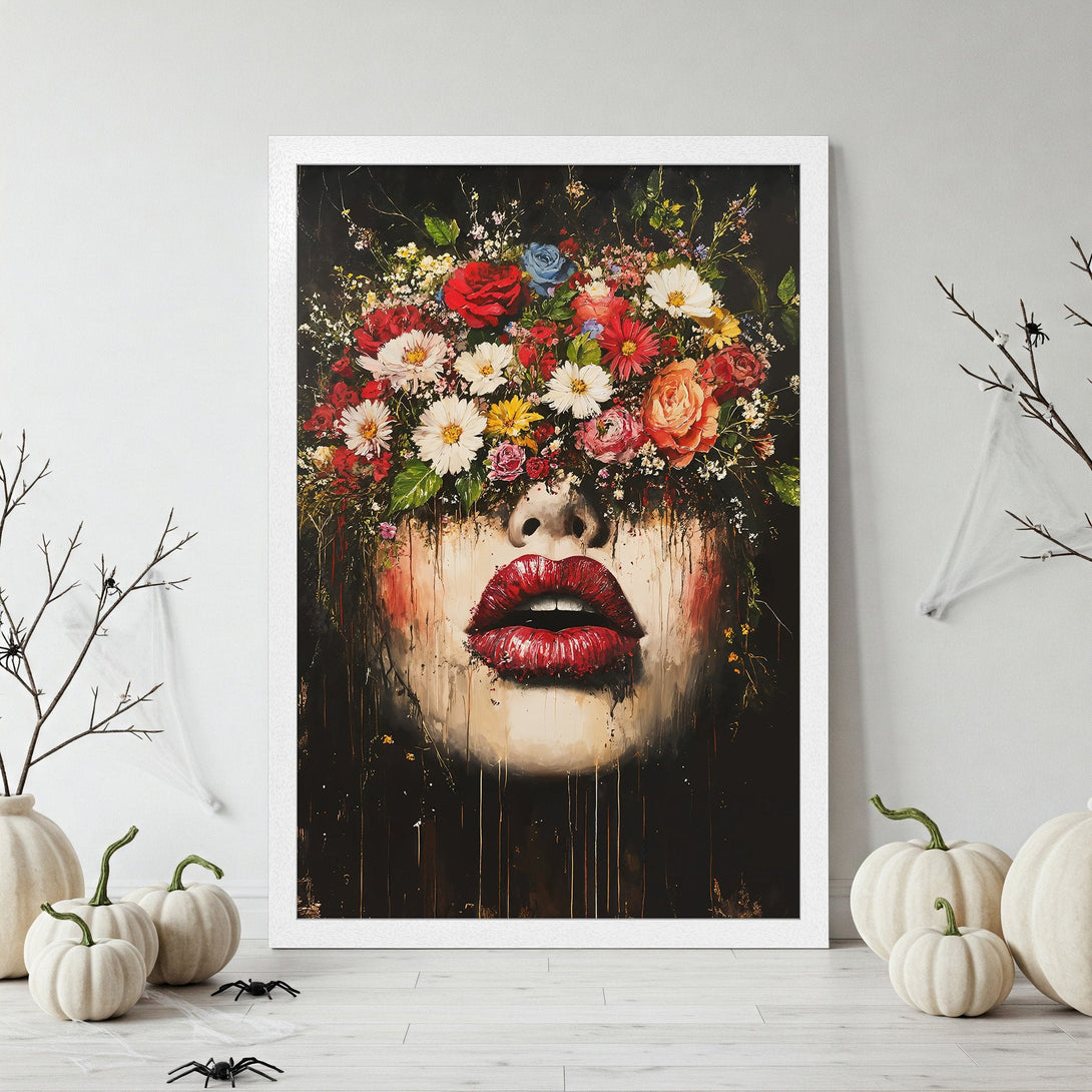 Framed Poster featuring a woman's face with a floral crown, painted in a dramatic style with a dark, moody color palette. Perfect wall art!