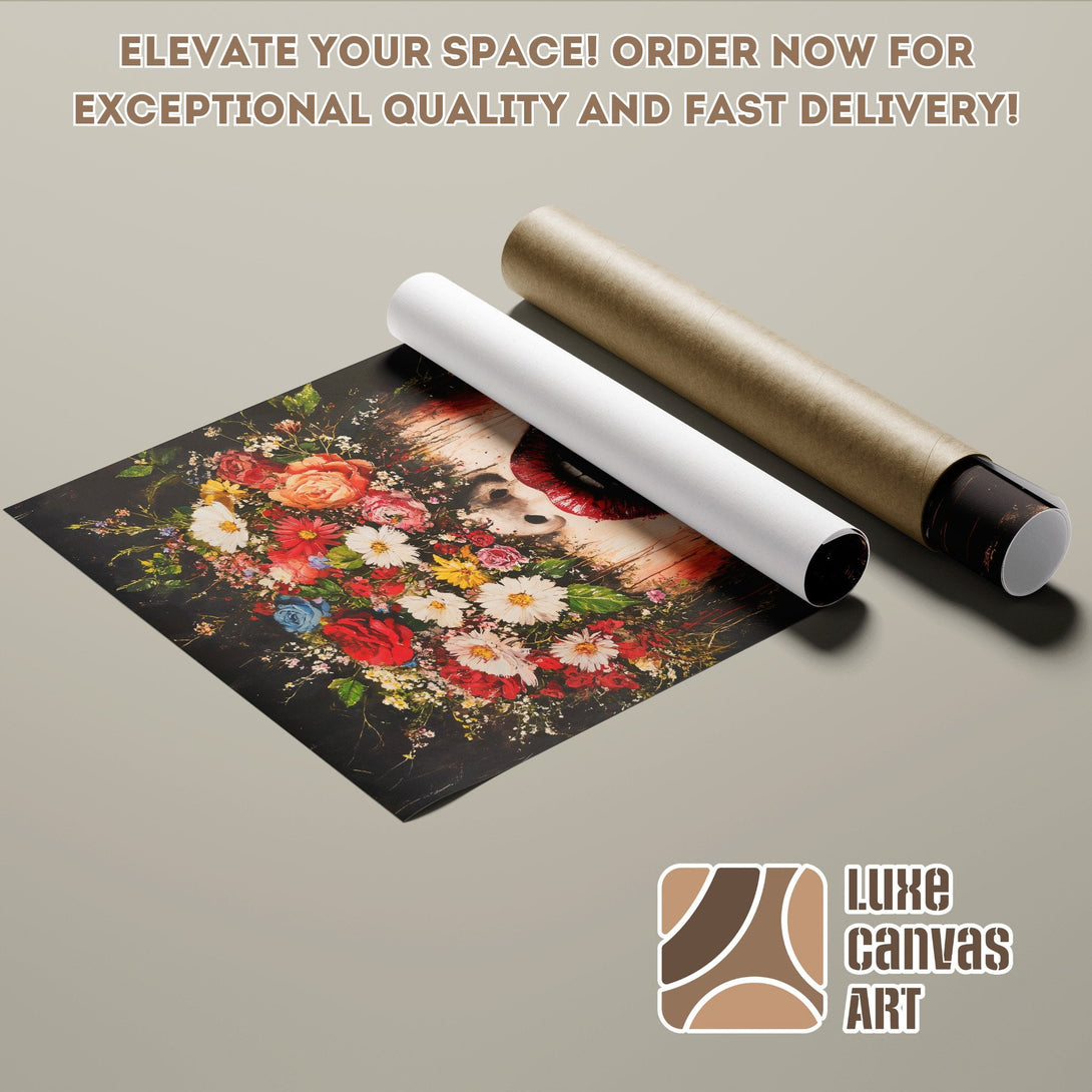 Poster Roll featuring a floral face art print. Dark, moody style with vibrant colors.