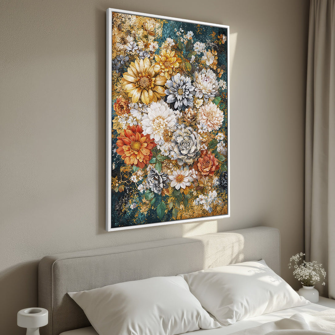 Framed Wall Art featuring a vibrant floral bouquet in a warm, inviting color palette. Perfect bedroom decor with gold, orange, and teal tones.