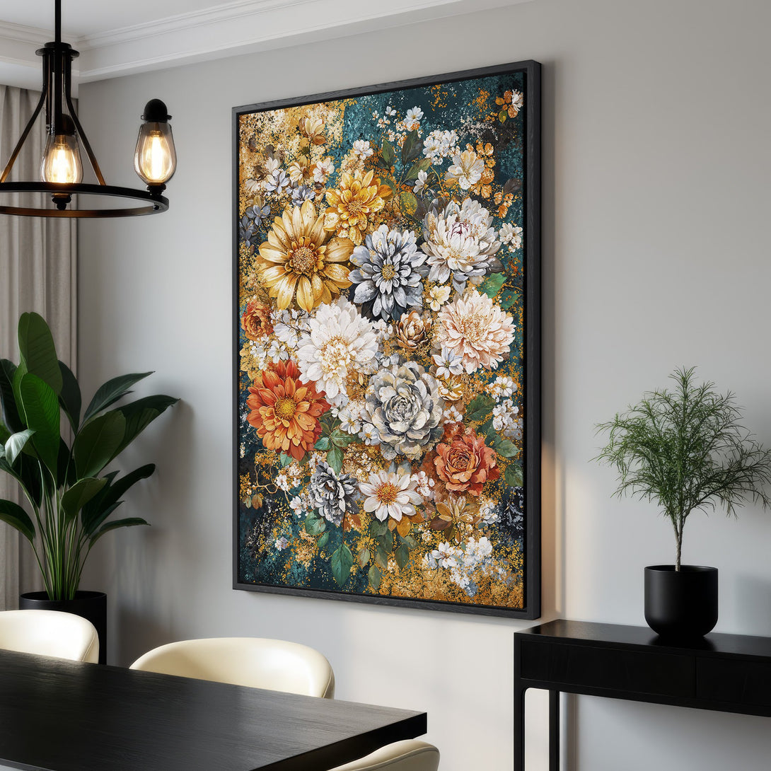 Framed Wall Art featuring a vibrant floral bouquet. Earthy tones of gold, orange, and white pop against a dark teal background. Perfect for adding elegance to any space.