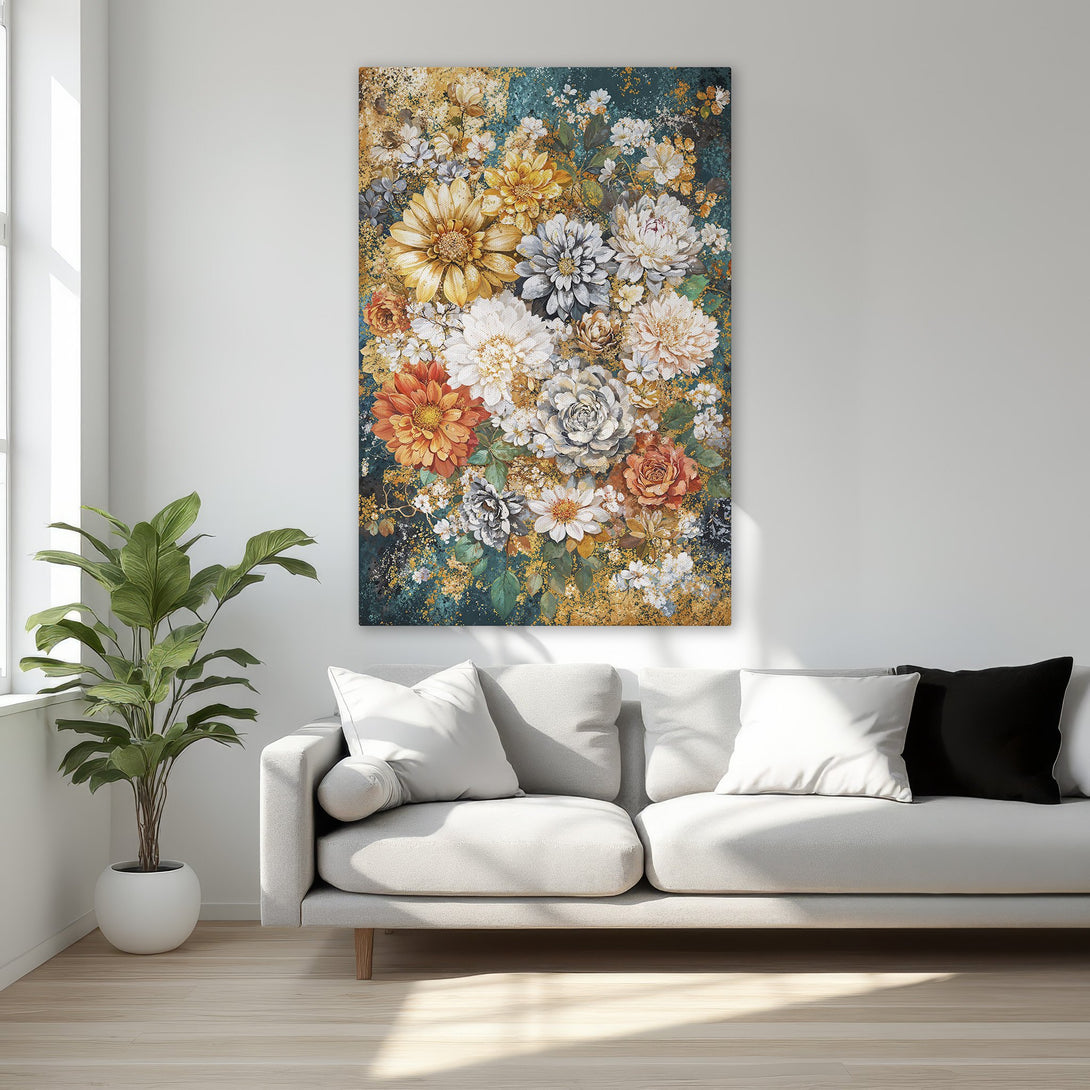 Framed Wall Art: Stunning floral canvas print in warm gold, orange, and white hues. Perfect for adding elegance to any room. Shop now!