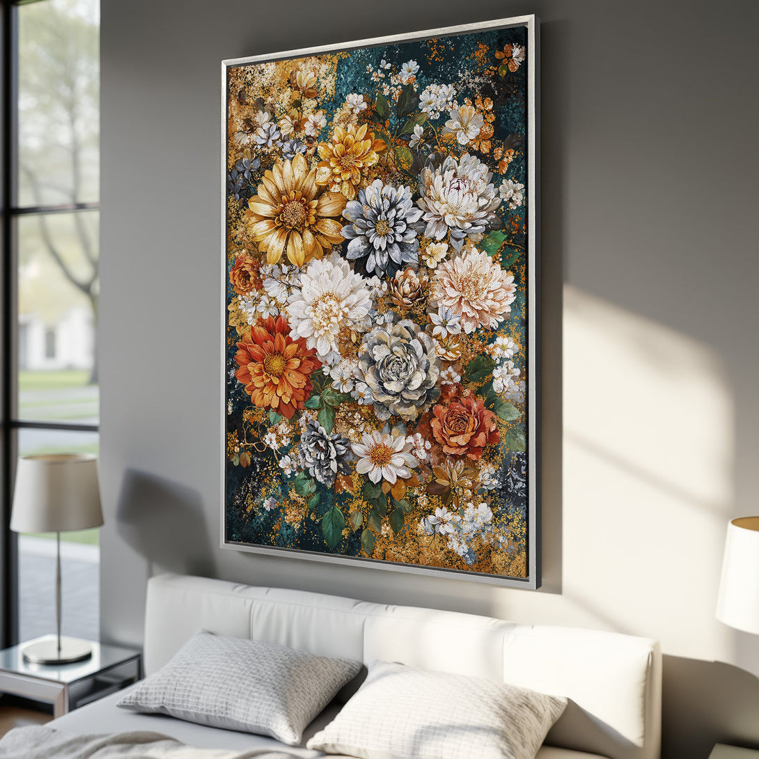 Framed Wall Art: Stunning floral canvas print in warm gold, orange, and teal tones. Perfect wall decor for a bedroom, adding elegance and style to your space.