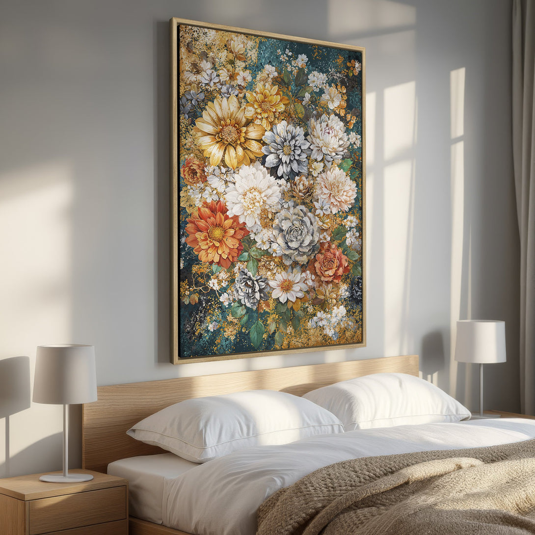 Framed Wall Art featuring a vibrant floral bouquet in a modern style with a warm, inviting color palette. Perfect bedroom decor!