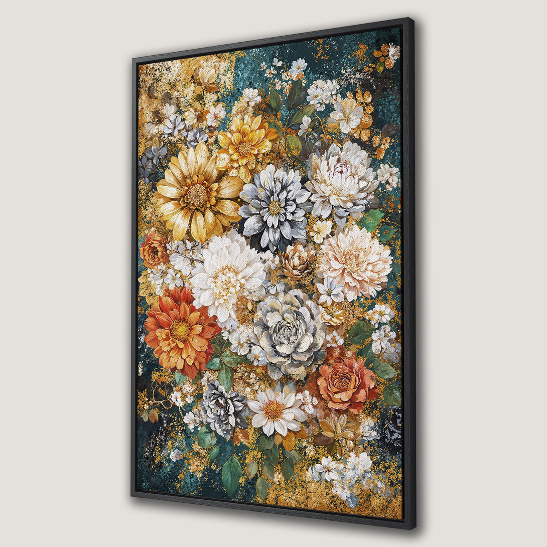 Framed Wall Art featuring a vibrant floral bouquet in a painterly style. Rich teal, gold, and warm tones create a stunning, elegant aesthetic.
