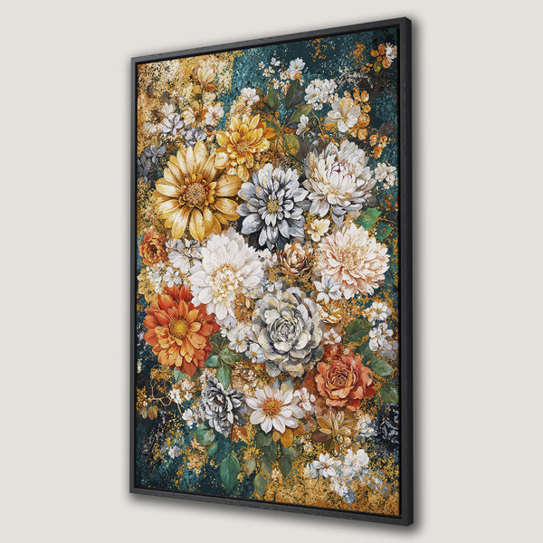 Framed Wall Art featuring a vibrant floral bouquet in a painterly style. Rich teal, gold, and warm tones create a stunning, elegant aesthetic.