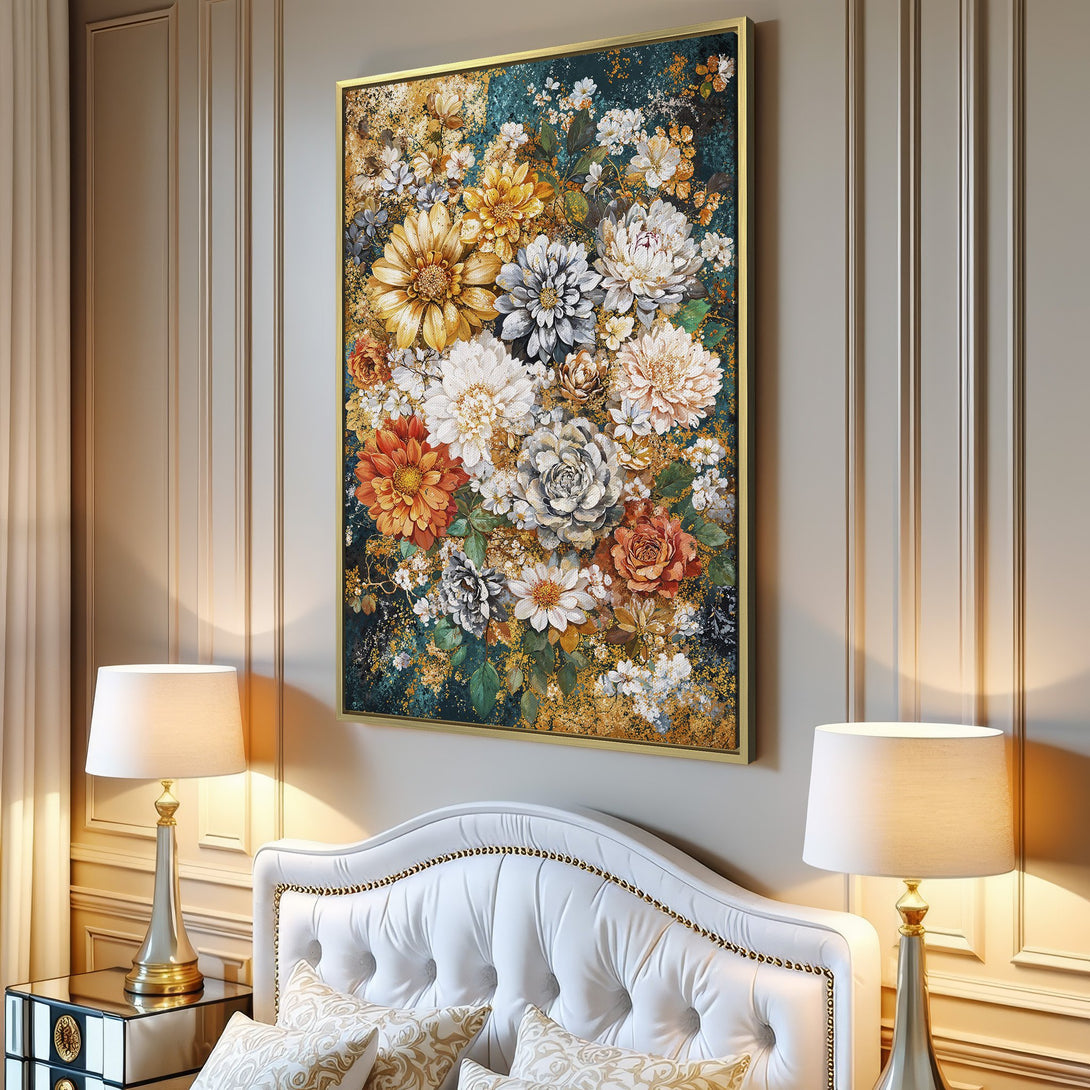 Canvas Print of floral art in a modern interior. Features a vibrant bouquet with warm, earthy tones and a teal background. Perfect wall decor!