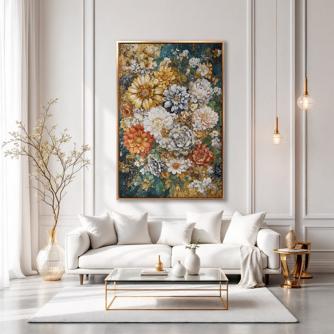Framed Wall Art: Stunning floral canvas print in warm, earthy tones. Perfect for adding elegance and style to your living room or bedroom decor. Shop now!