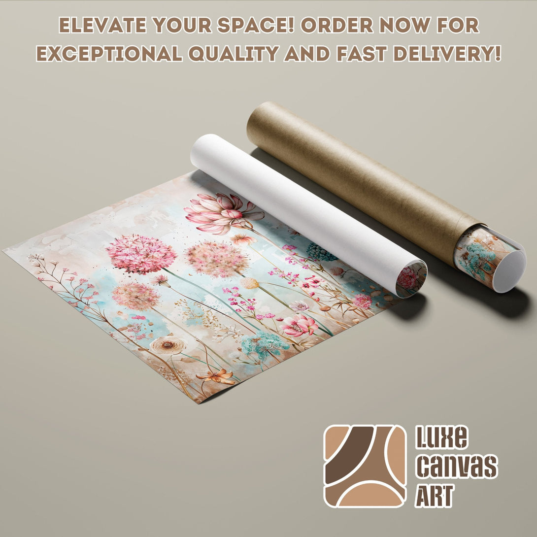 Floral Poster Roll in soft watercolor style, pastel pink & blue palette. Elevate your space!