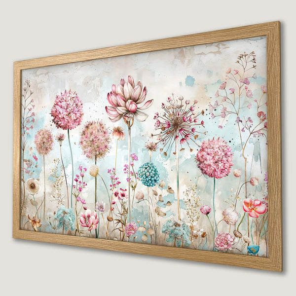 Framed Poster featuring watercolor flowers in pink, blue, and beige tones. Adds a touch of nature's beauty to your space!