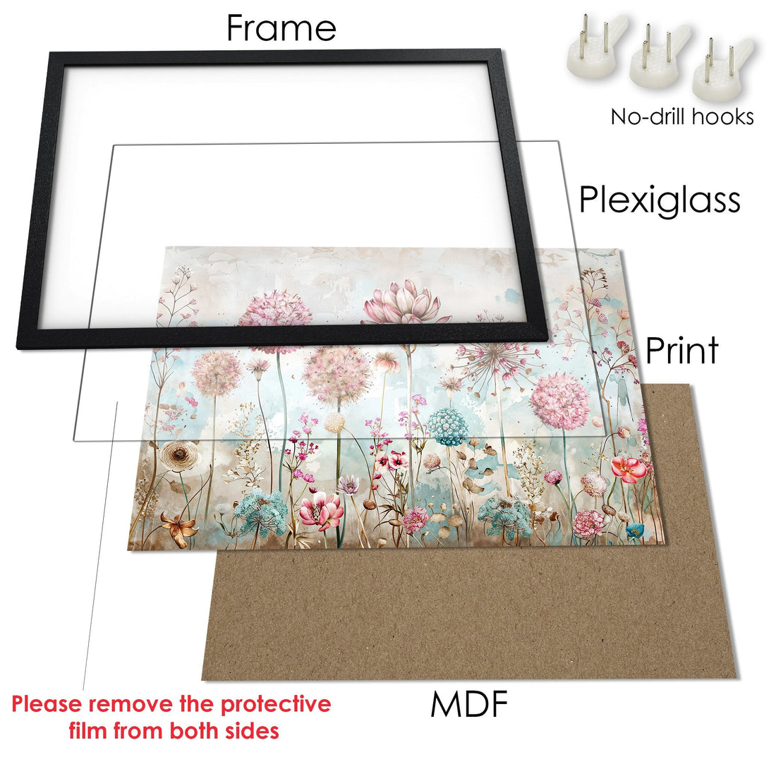 Framed Poster featuring a floral watercolor design in soft pinks, blues, and greens. Perfect wall art for a calming space.