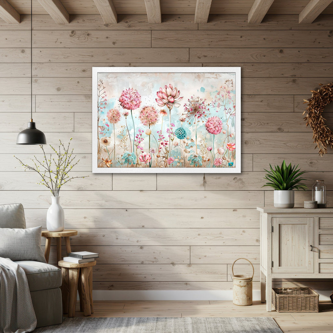 Framed Poster featuring watercolor floral art in pink, blue, and green hues. Perfect wall decor for a touch of nature!