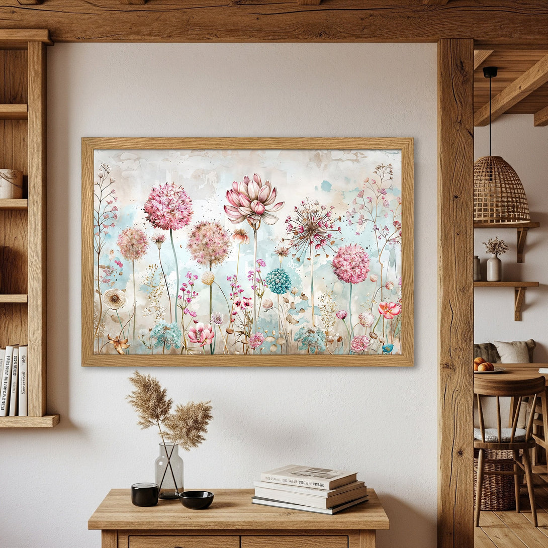Framed Poster featuring watercolor floral art in pinks, blues, and neutrals. Perfect for adding a touch of nature to your home decor.