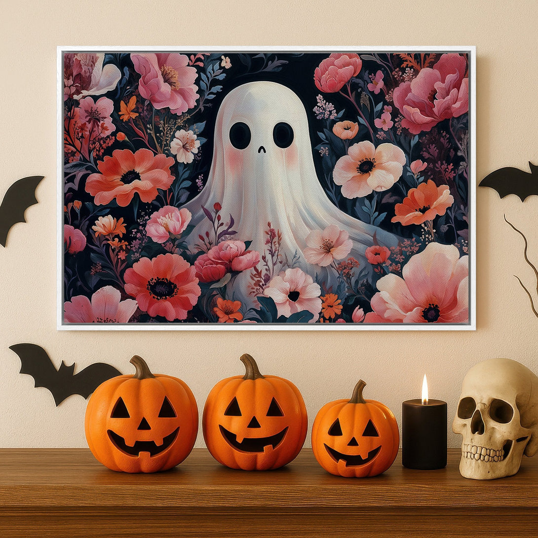 Framed Wall Art: Whimsical ghost surrounded by floral art. Halloween canvas print with a dark, moody color palette featuring pinks and oranges.