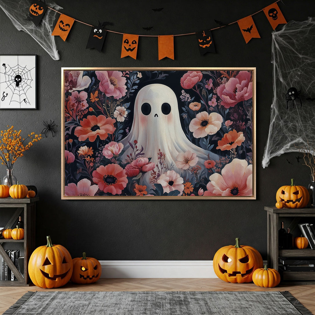 Framed Wall Art featuring a whimsical ghost in a floral design. Warm, autumnal color palette perfect for Halloween decor. Add spooky charm to your home!