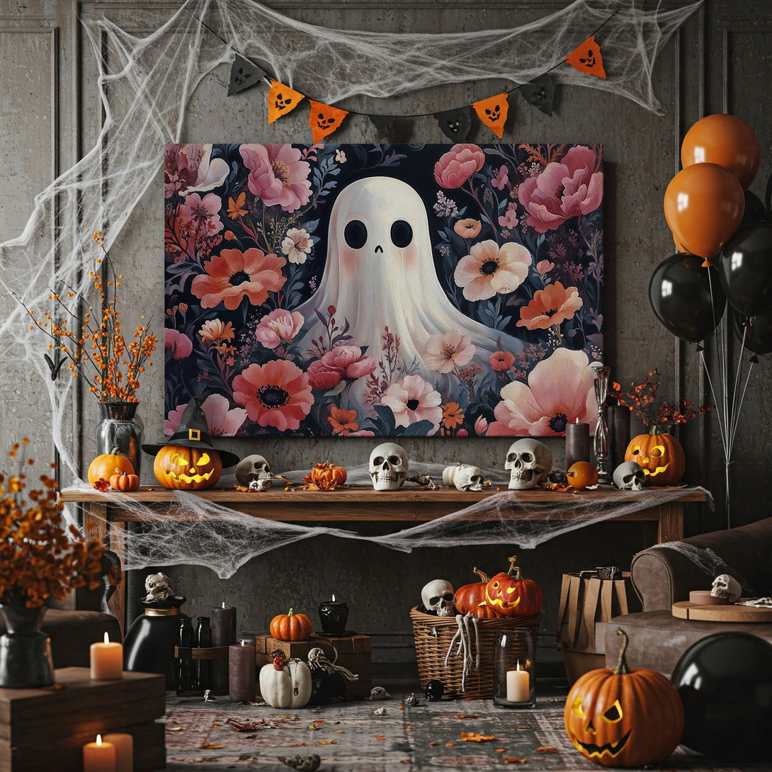 Framed Wall Art: Whimsical ghost in floral design. Romantic Halloween decor with pink, orange, and dark blue tones. Perfect for adding spooky charm to any space.