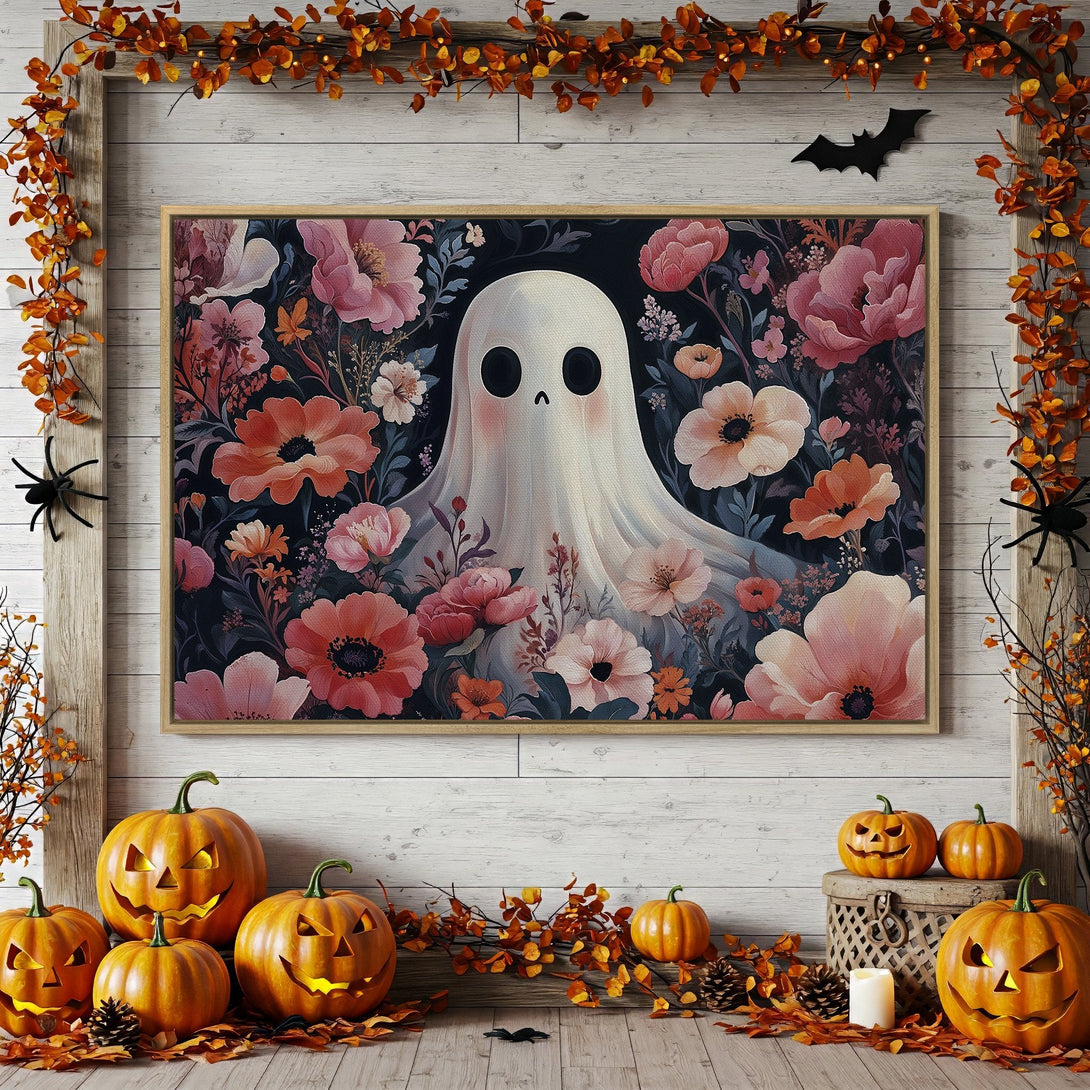 Framed Wall Art featuring a whimsical ghost in a floral garden, with a moody, dark color palette. Perfect Halloween decor!