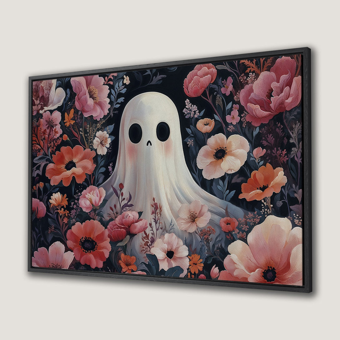 Framed Wall Art: Whimsical ghost surrounded by floral blooms in a dark color palette. Perfect for adding a touch of spooky charm to your home decor.