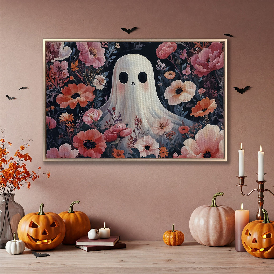 Framed Wall Art: Spooky ghost art with floral accents in a blush and black color palette. Perfect Halloween decor!