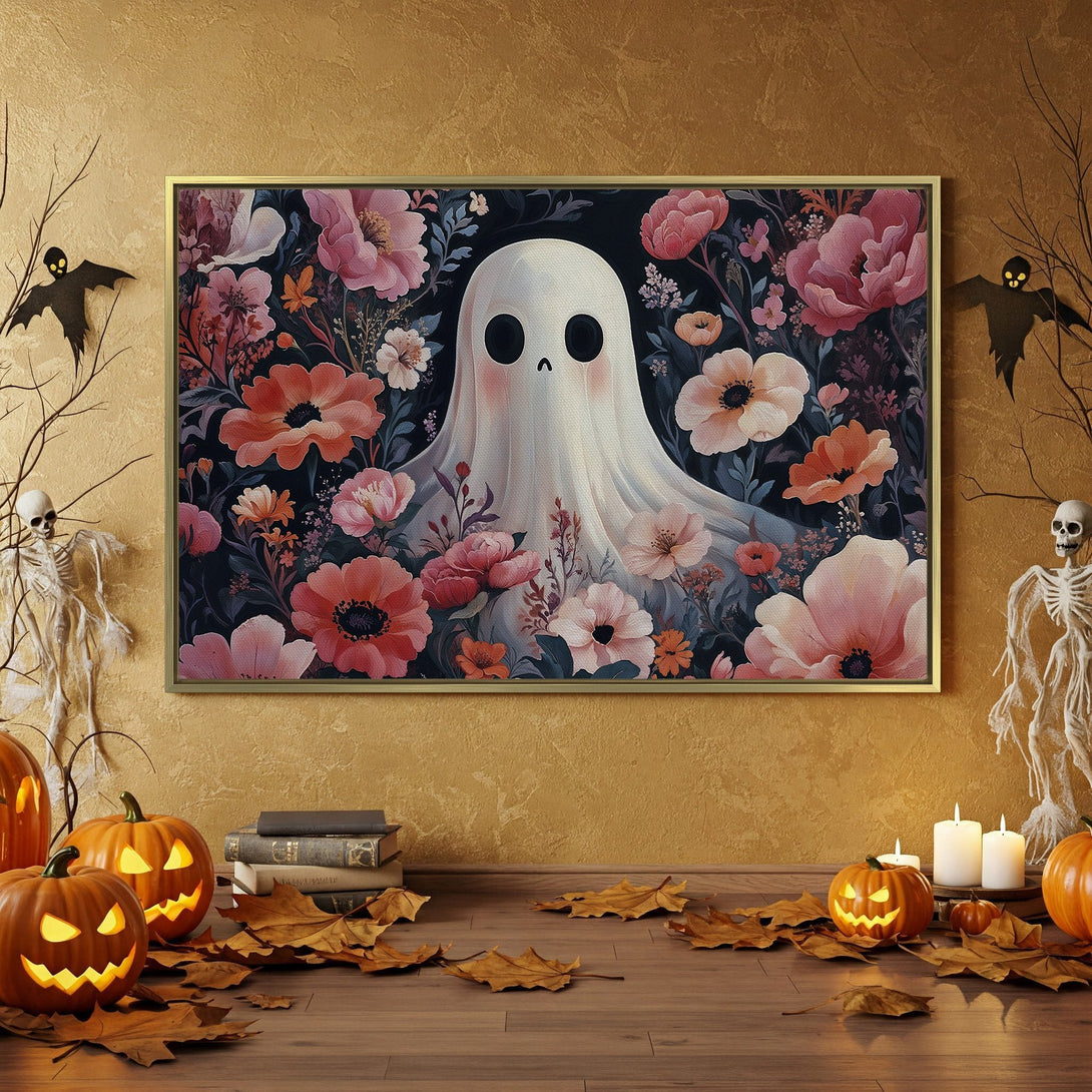 Canvas Print: Spooky floral ghost art in a Halloween-themed interior. Features a dark, moody color palette with pinks, oranges, and blacks. Perfect for seasonal decor!