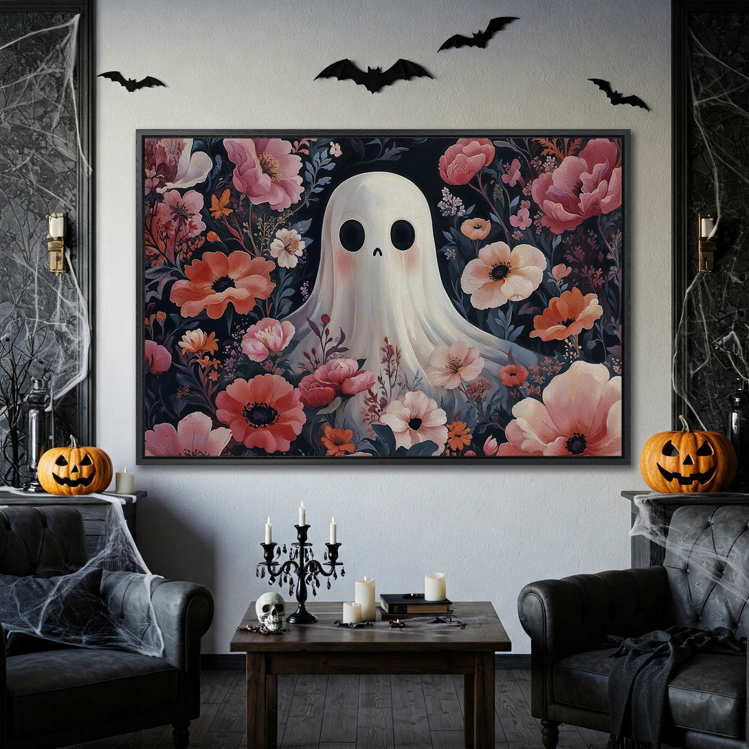Framed Wall Art: Spooky ghost in floral design, perfect for Halloween decor. Features a dark, moody color palette with pinks and oranges.