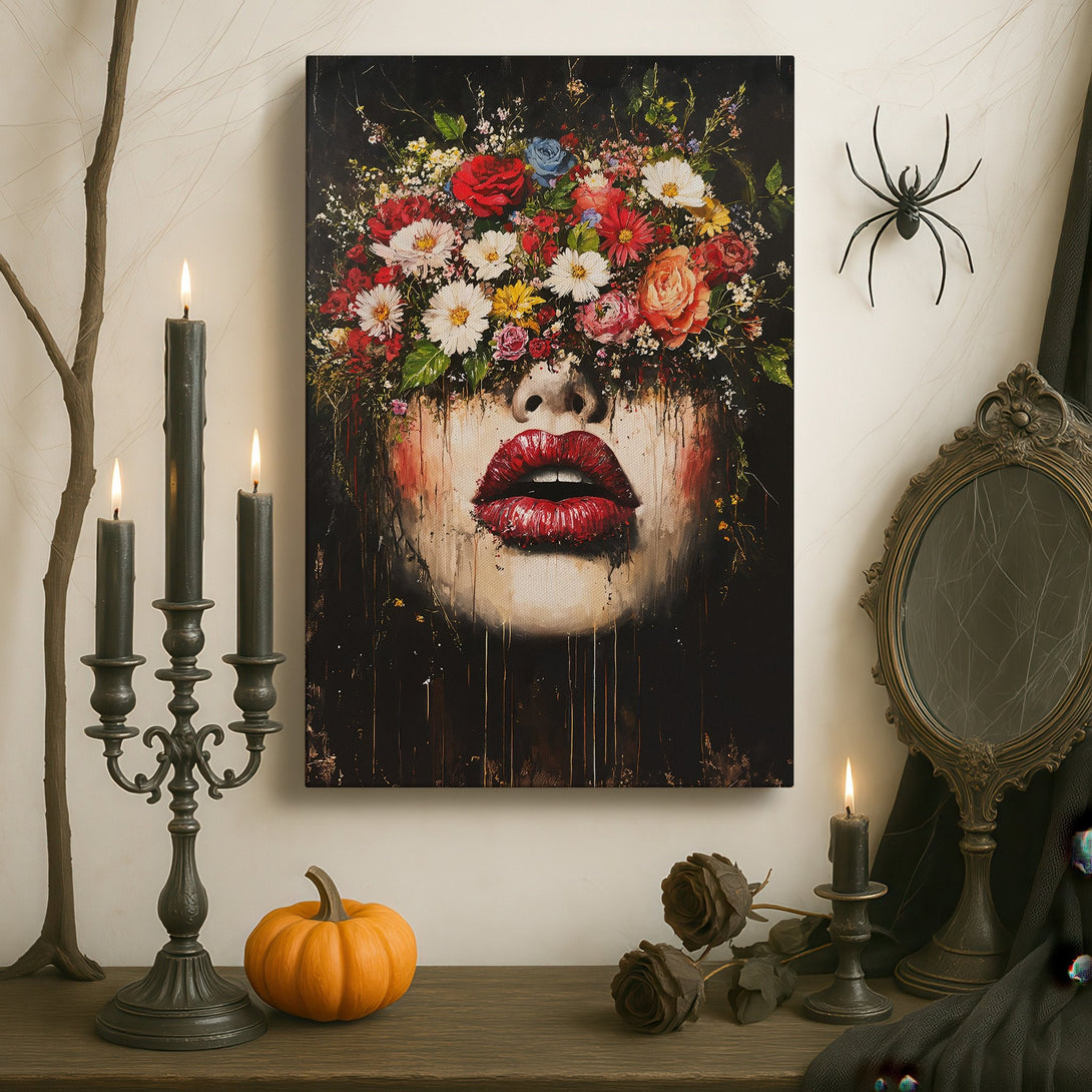 Framed Wall Art: Stunning floral face portrait in a luxurious interior. Bold red lips, vibrant blooms, and a dramatic dark color palette. Elevate your space with art!