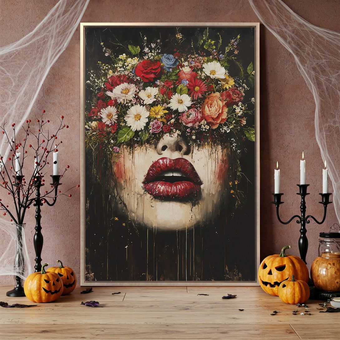 Framed Wall Art: Floral face portrait in dark, moody tones. Red, white, and black color palette. Perfect for Halloween decor or adding a touch of gothic art.