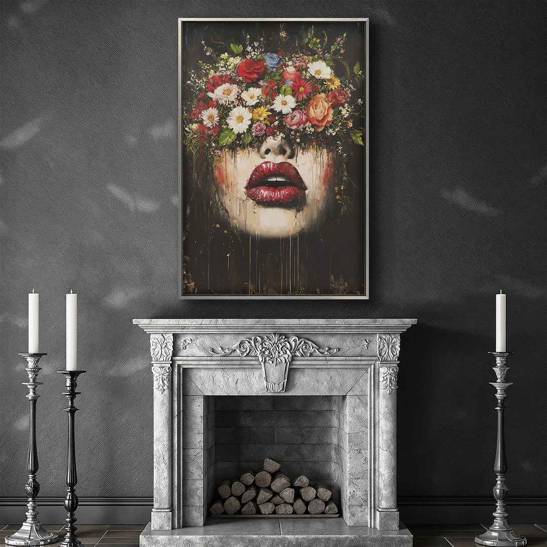Framed Wall Art: Abstract floral face art with a bold red lip. Dark, moody color palette. Perfect for adding a touch of modern elegance.