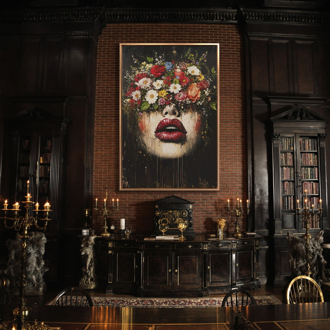 Framed Wall Art: Bold floral face portrait in a moody interior. Rich red, black, and floral hues create a dramatic and stylish Canvas Print.
