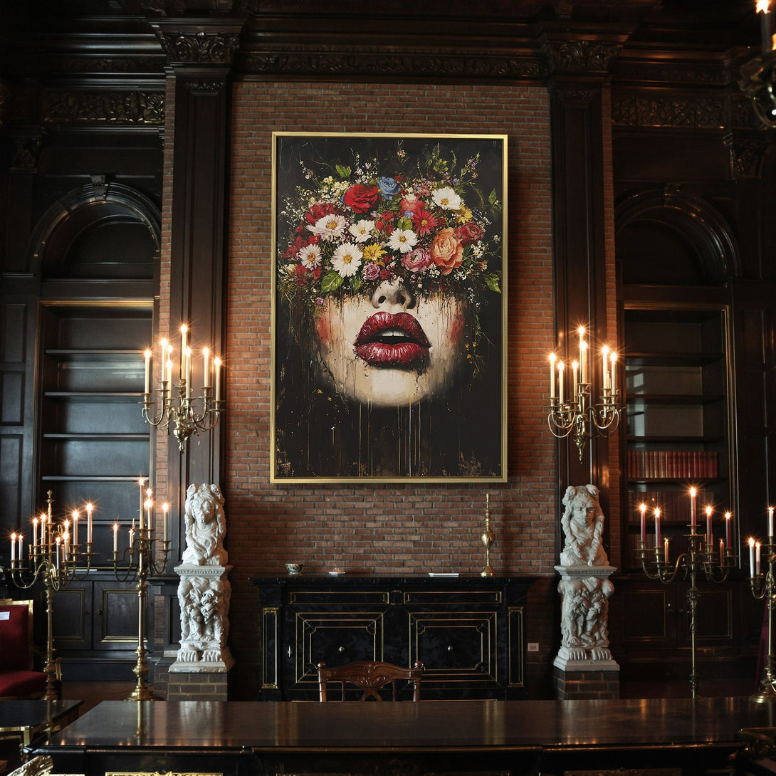 Canvas Print: Woman's face art with floral crown. Dark, moody style with red, black, and cream color palette. Perfect for Halloween decor.