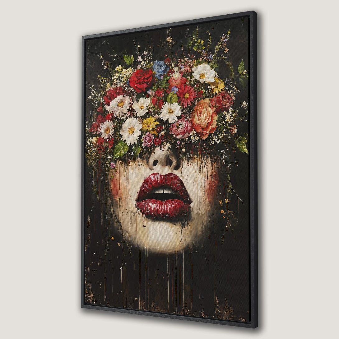Framed Wall Art: Stunning portrait of a woman with floral crown and bold red lips. Dark, moody palette with vibrant pops of color. Perfect statement piece.