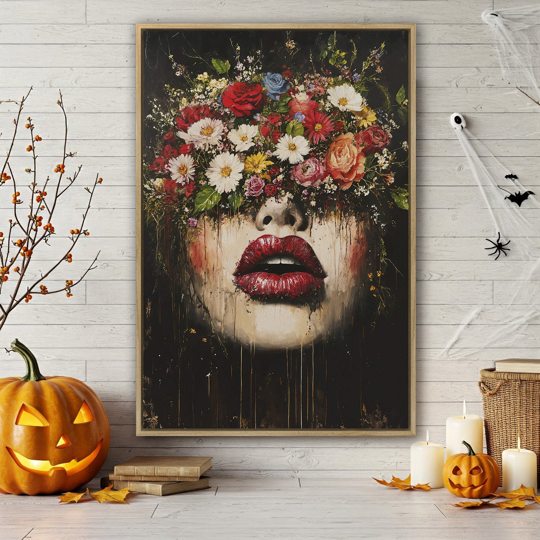 Framed Wall Art: Floral face portrait in dark, moody style. Red, white, and black color palette. Perfect for adding a touch of art to your home.