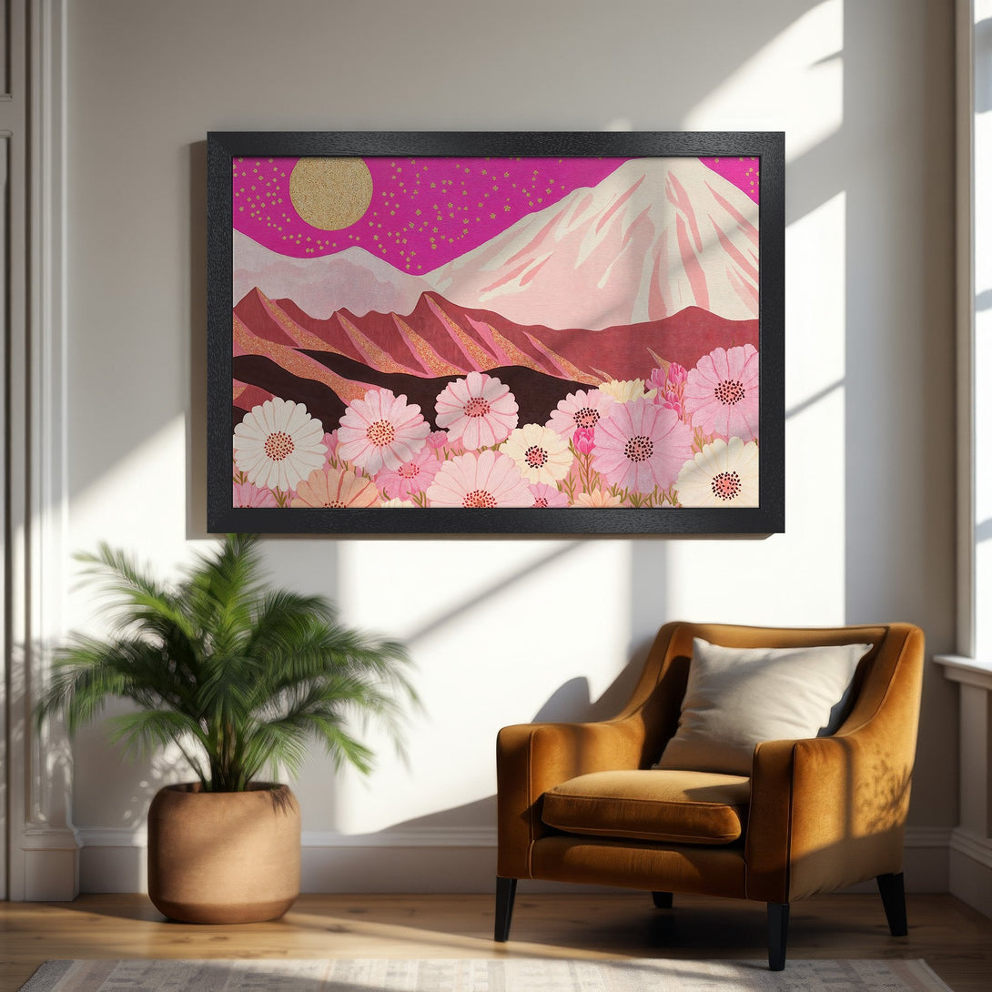 Framed Poster featuring a floral mountain landscape in a vibrant pink and gold color palette, perfect wall art.