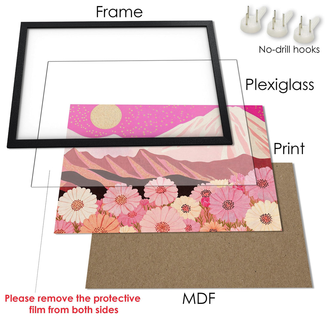 Framed Poster featuring a floral and landscape design in a vibrant pink and peach color palette, perfect wall art.