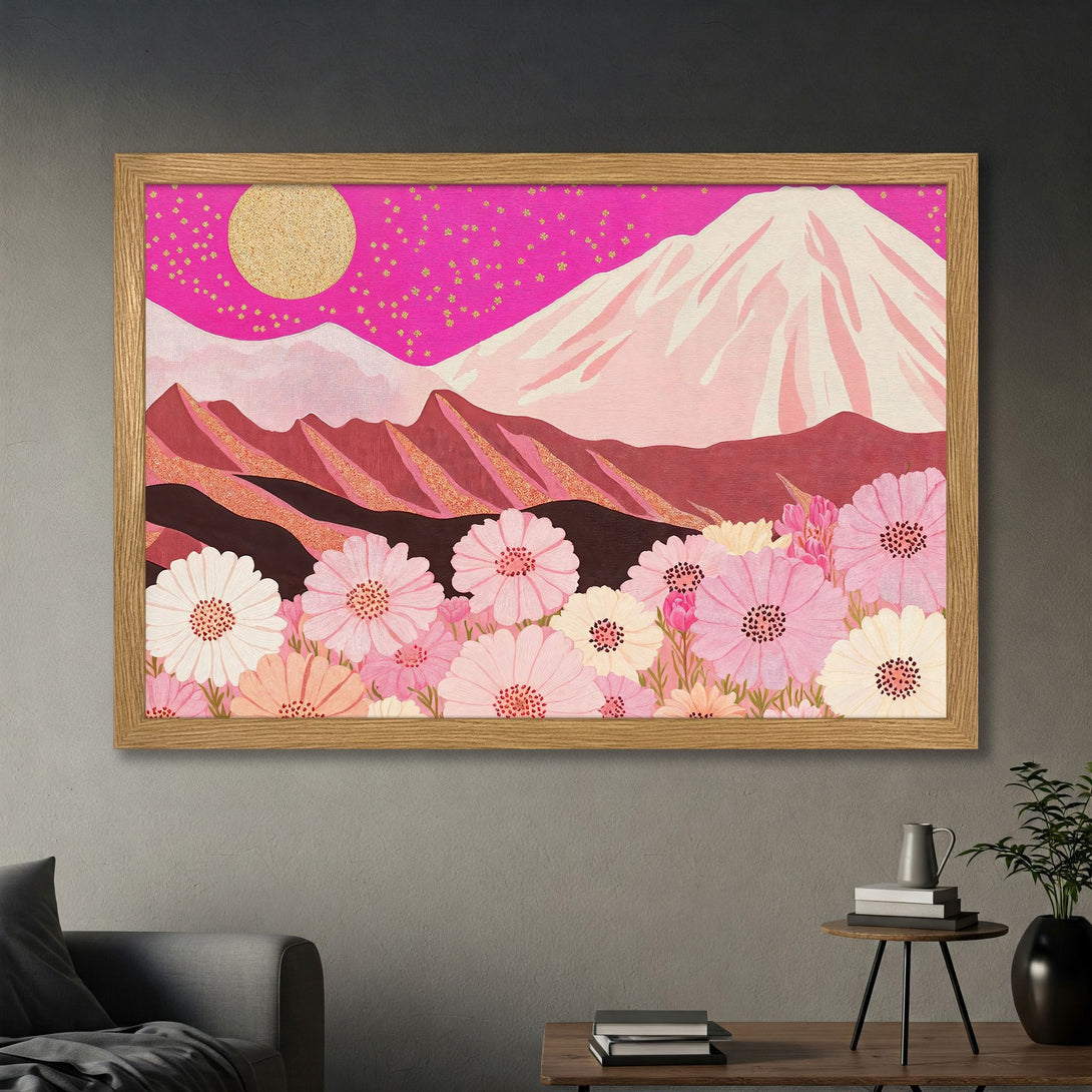 Framed Poster featuring a floral landscape in a whimsical style with pink, gold, and earthy tones. Perfect wall art for a pop of color!