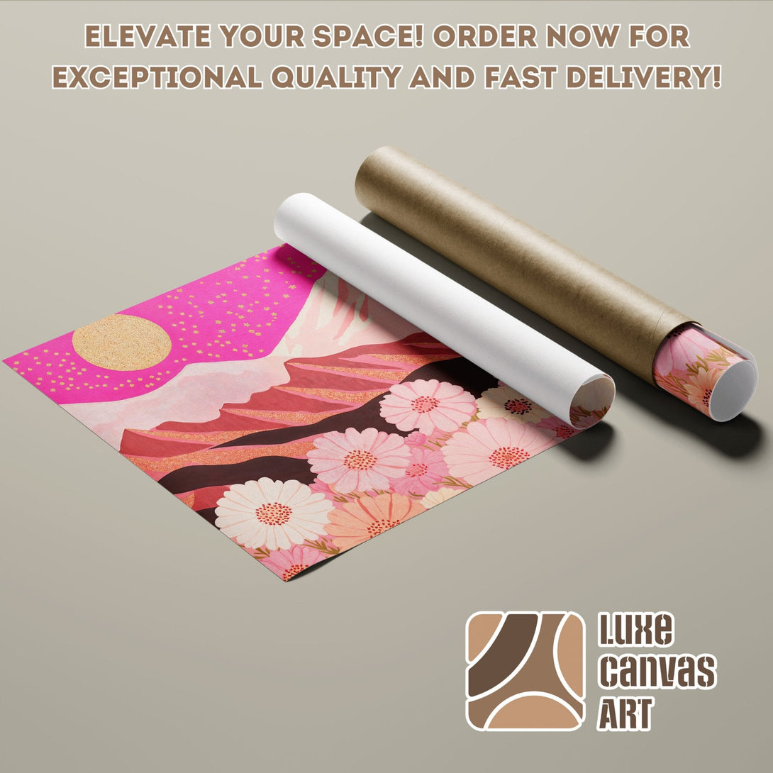 Poster Roll featuring floral landscape art in pink, red, and gold tones. Order your art today!