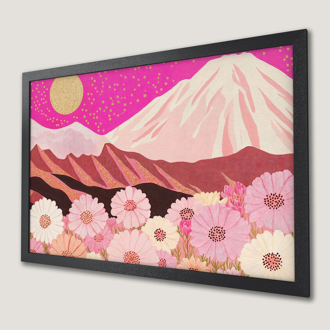 Framed Poster featuring a floral landscape with a mountain, in a whimsical style and pink color palette, perfect wall art.