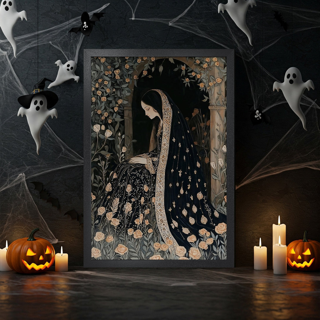Framed Poster featuring a gothic woman with floral details, in a dark, moody style. Black, gold, and beige color palette. Perfect Halloween decor.