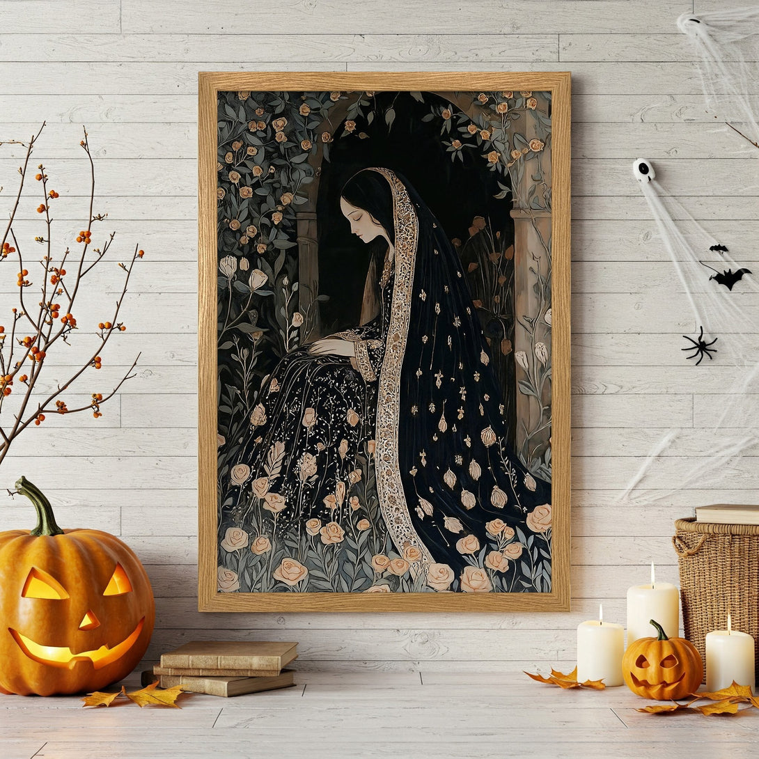 Framed Poster featuring a woman in black dress with floral details, in a dark, romantic style. Earthy tones with gold accents. Perfect Halloween decor.