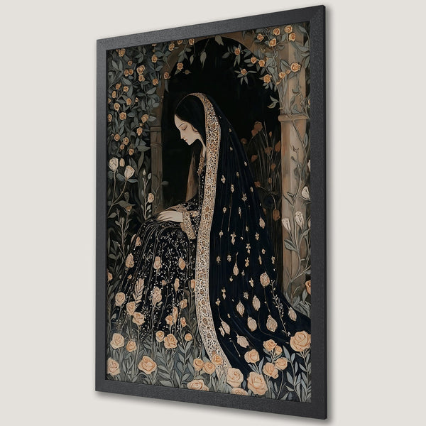 Framed Poster featuring a woman in a black dress amidst roses, art nouveau style, with a muted color palette of black, gold, and beige.