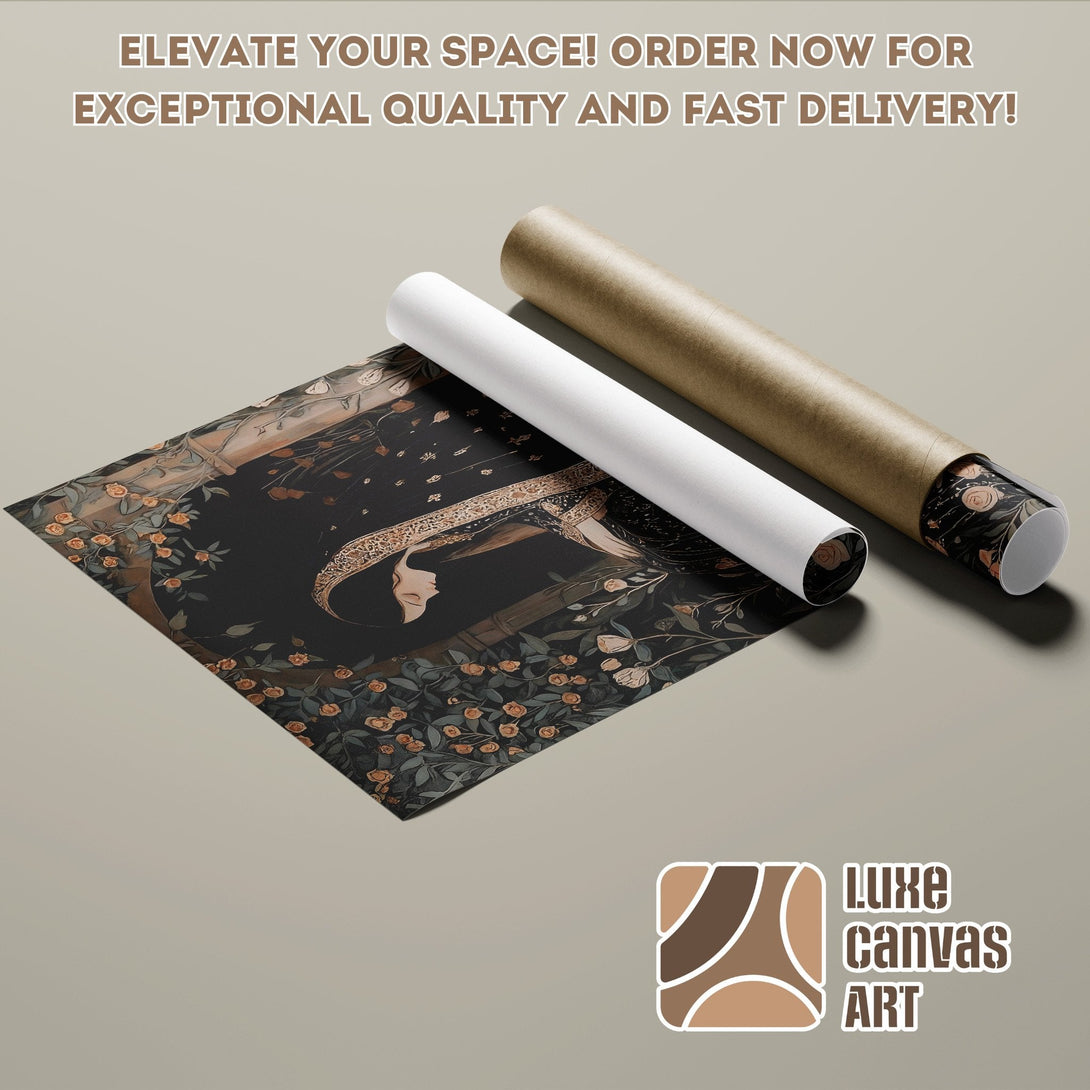 Poster Roll featuring a woman in floral design, dark palette, elegant art.