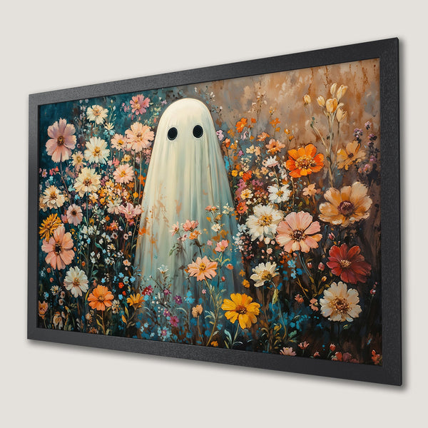 Framed Poster featuring a ghost in a floral field. Whimsical art style with a warm, colorful palette. Perfect for Halloween decor.