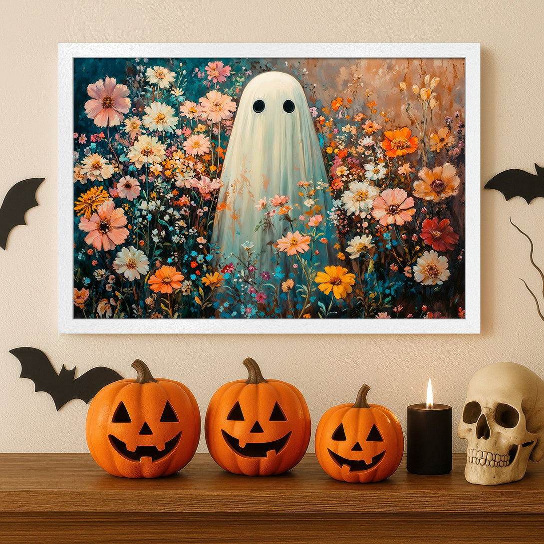 Framed Poster featuring a whimsical ghost in a floral garden, with a vibrant color palette perfect for Halloween decor.